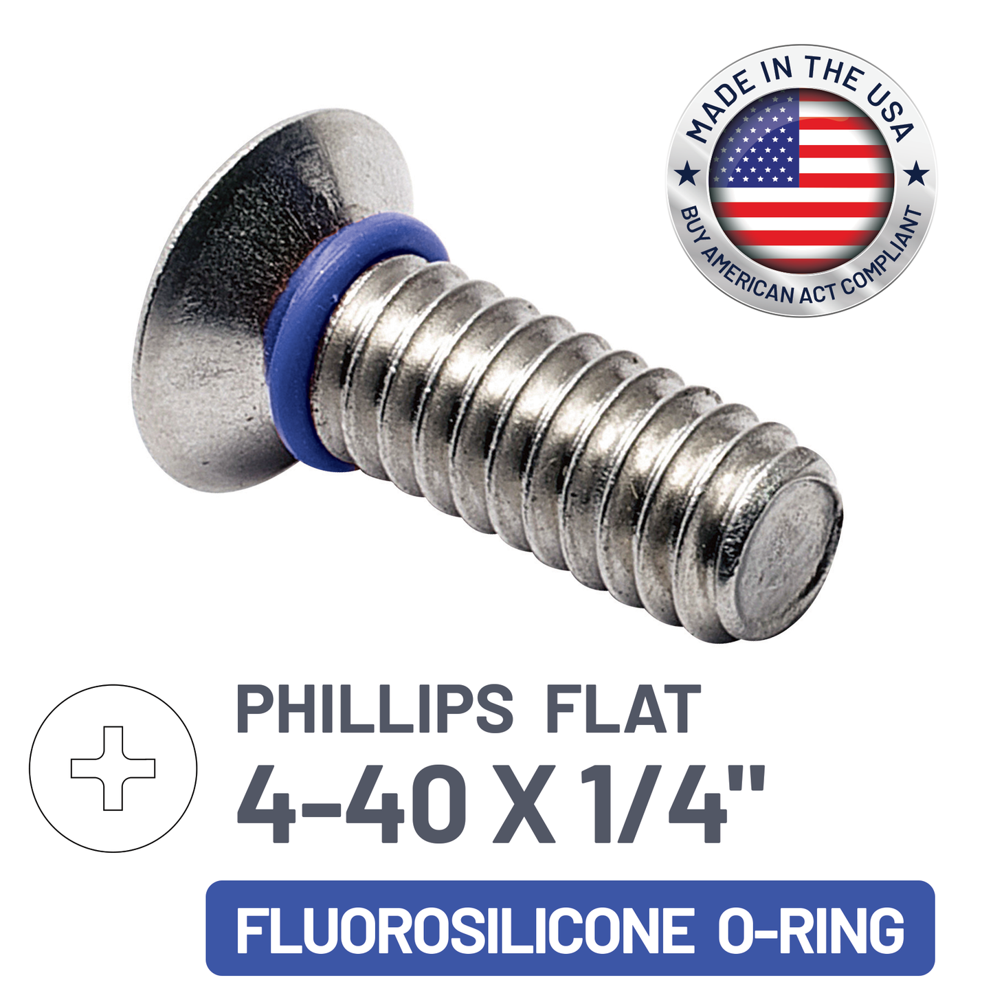 ZAGO Sealing Screw - Phillips Flat Head 100° - 4-40 X 1/4" - SS with Fluorosilicone O-Ring (pack x 100)
