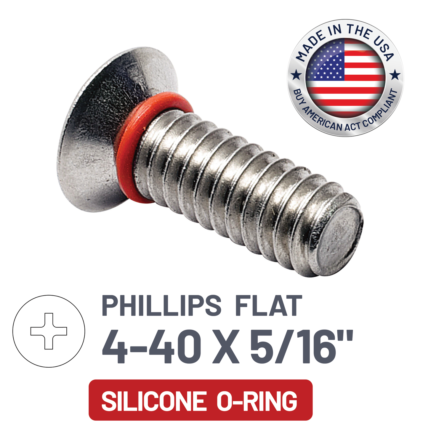ZAGO Sealing Screw - Phillips Flat Head 100° - 4-40 X 5/16" - SS with Silicone O-Ring (pack x 100)