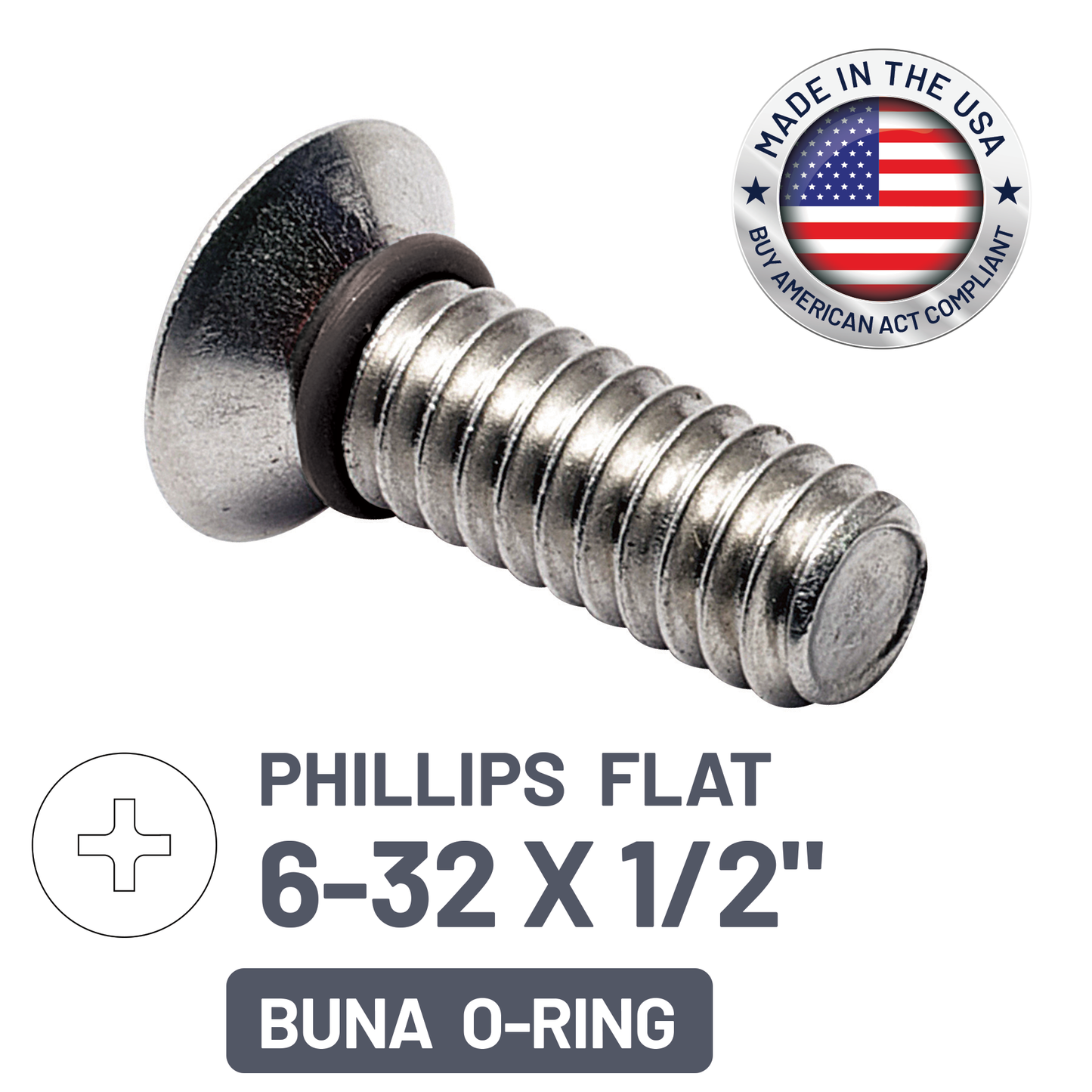 ZAGO Sealing Screw - Phillips Flat Head 100° - 6-32 X 1/2" - SS with BUNA O-Ring (pack x 100)