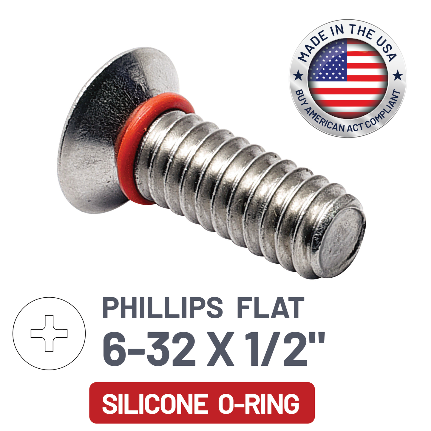 ZAGO Sealing Screw - Phillips Flat Head 100° - 6-32 X 1/2" - SS with Silicone O-Ring (pack x 100)