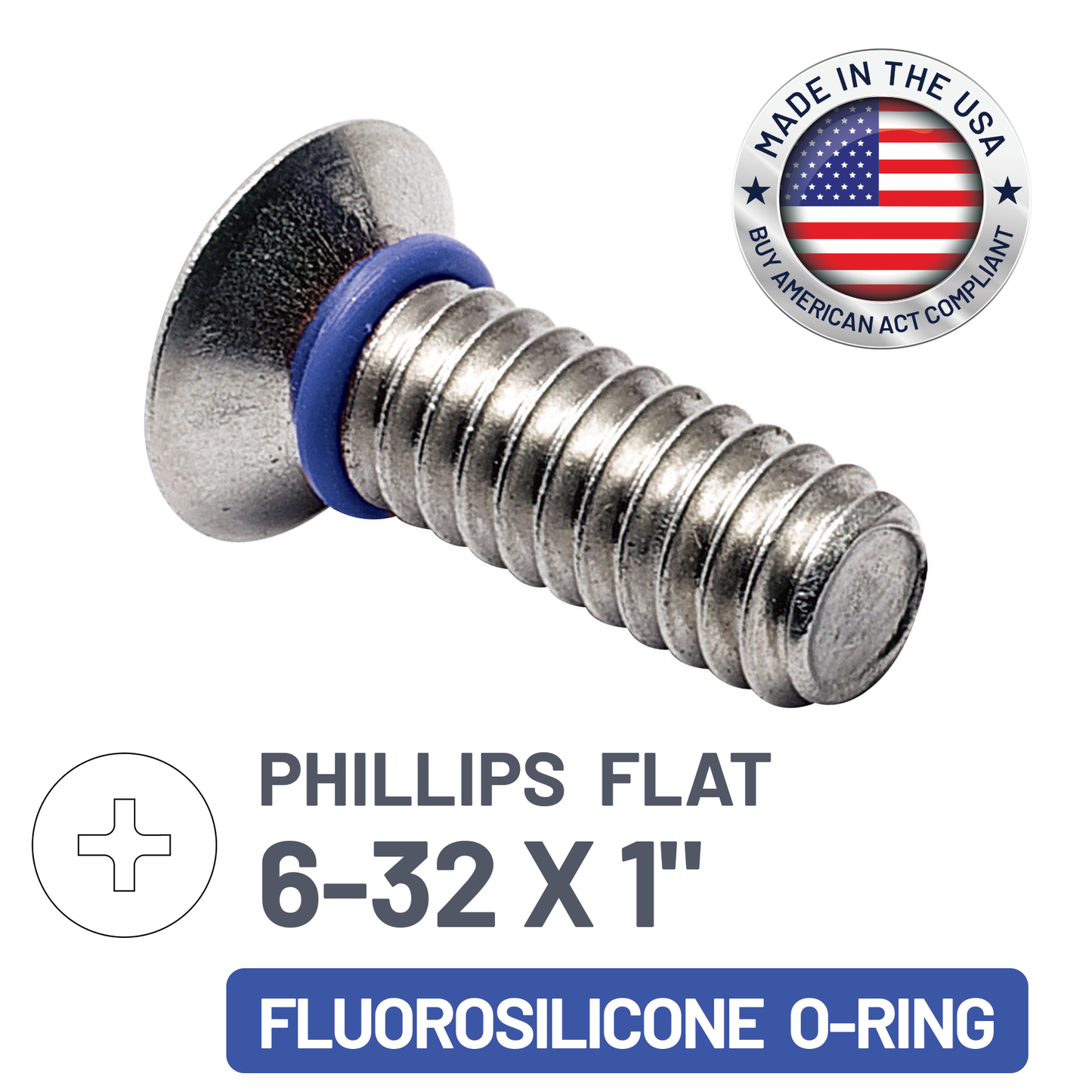 ZAGO Sealing Screw - Phillips Flat Head 100° - 6-32 X 1" - SS with Fluorosilicone O-Ring (pack x 100)