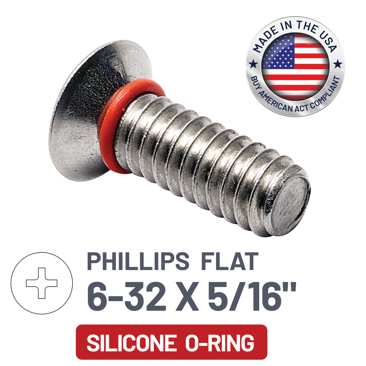 ZAGO Sealing Screw - Phillips Flat Head 100° - 6-32 X 5/16" - SS with Silicone O-Ring (pack x 100)