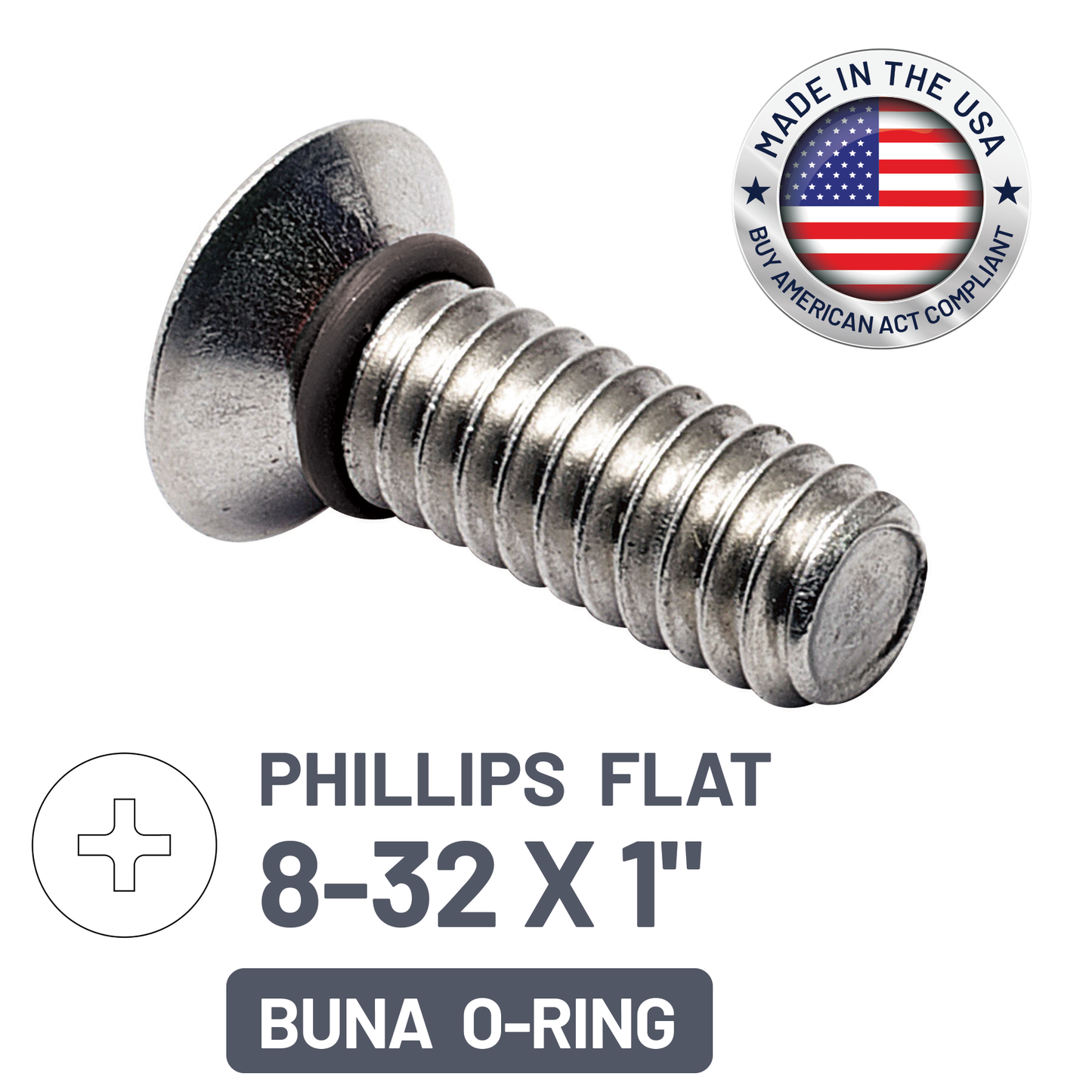 ZAGO Sealing Screw - Phillips Flat Head 100° - 8-32 X 1" - SS with BUNA O-Ring (pack x 100)