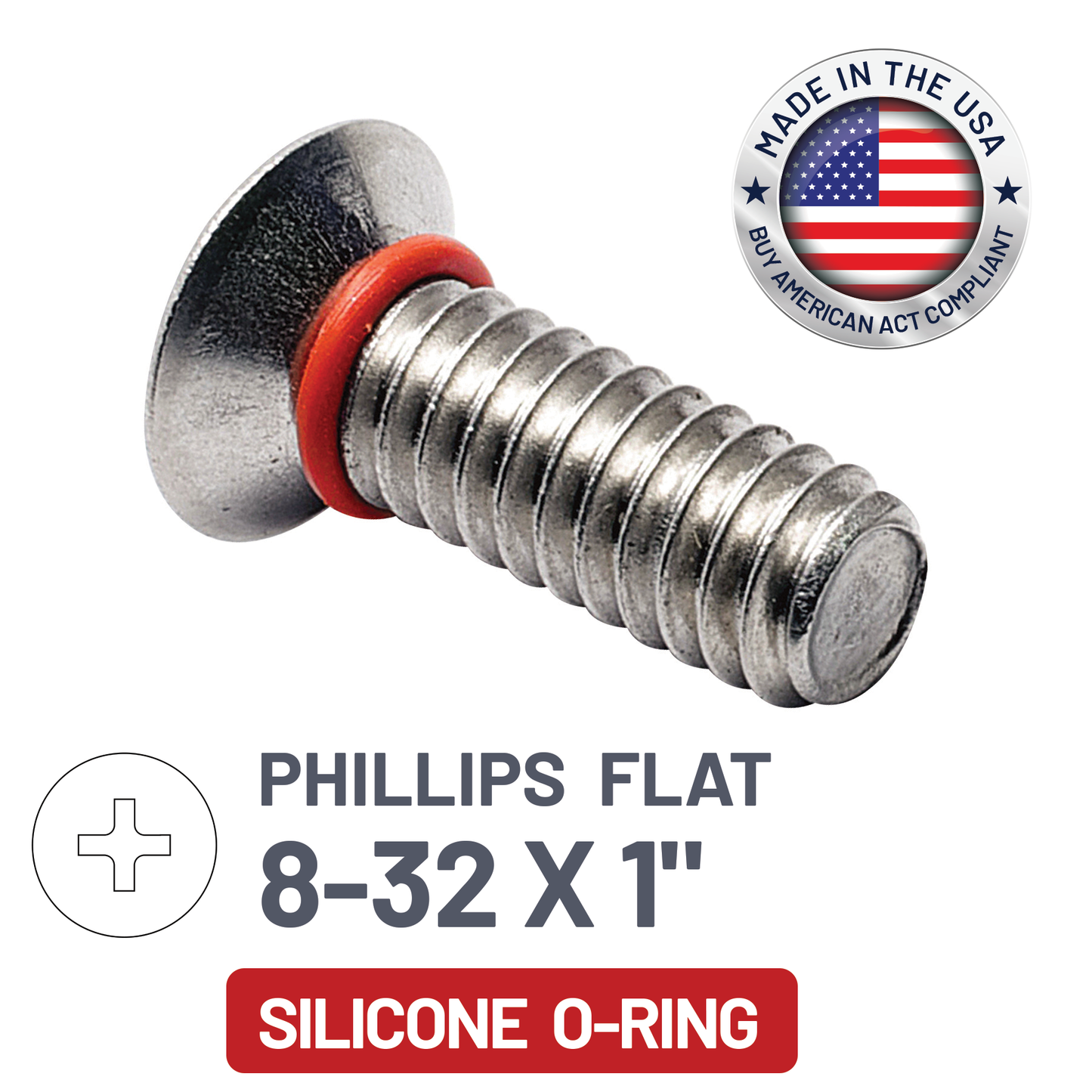 ZAGO Sealing Screw - Phillips Flat Head 100° - 8-32 X 1" - SS with Silicone O-Ring (pack x 100)