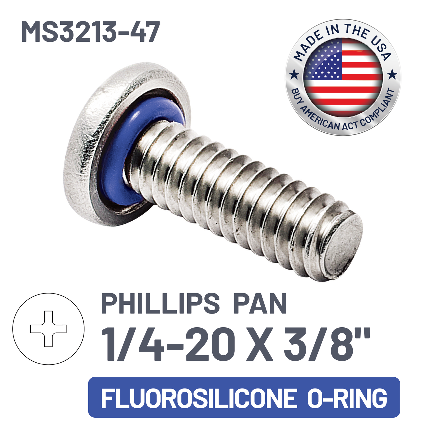 ZAGO Sealing Screw - Phillips Pan Head - 1/4-20 X 3/8" - SS with Fluorosilicone O-Ring (pack x 100)