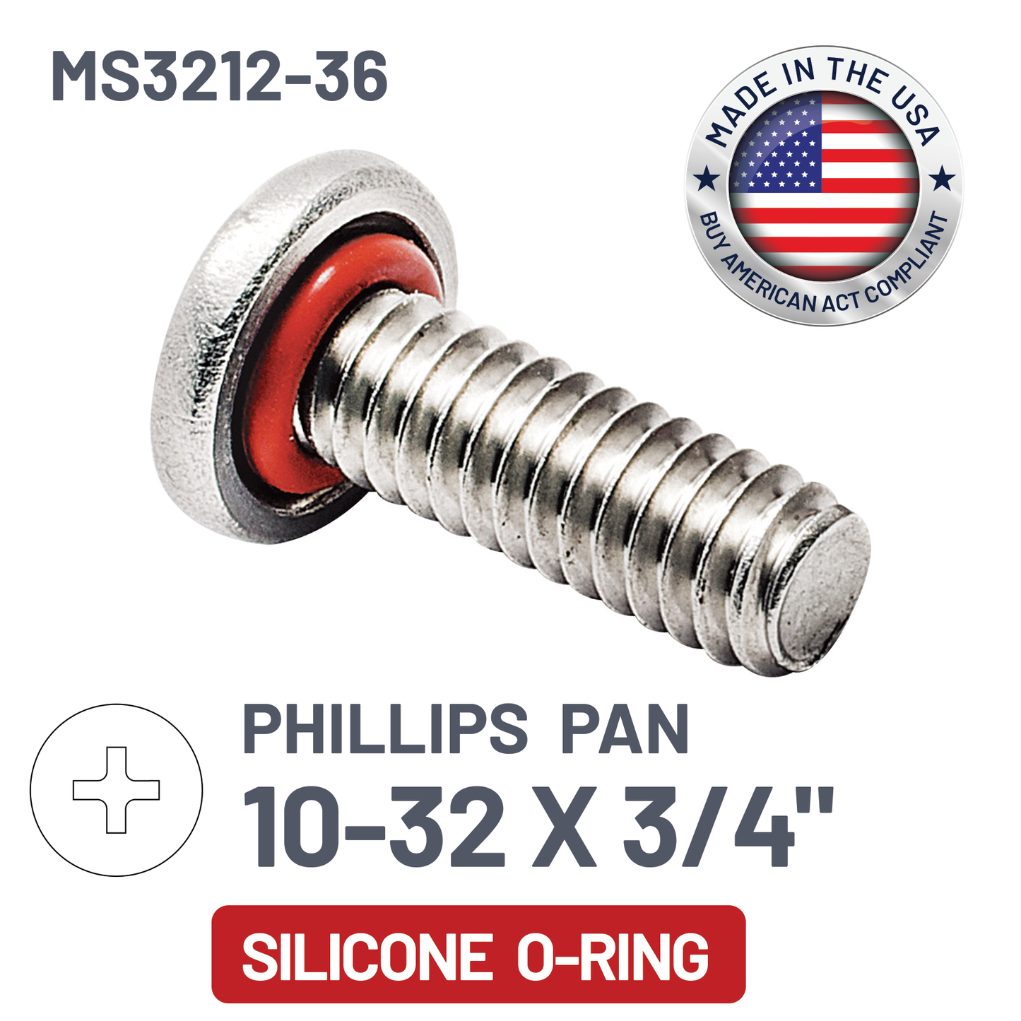 ZAGO Sealing Screw - Phillips Pan Head - 10-32 X 3/4" - SS with Silicone O-Ring (pack x 100)