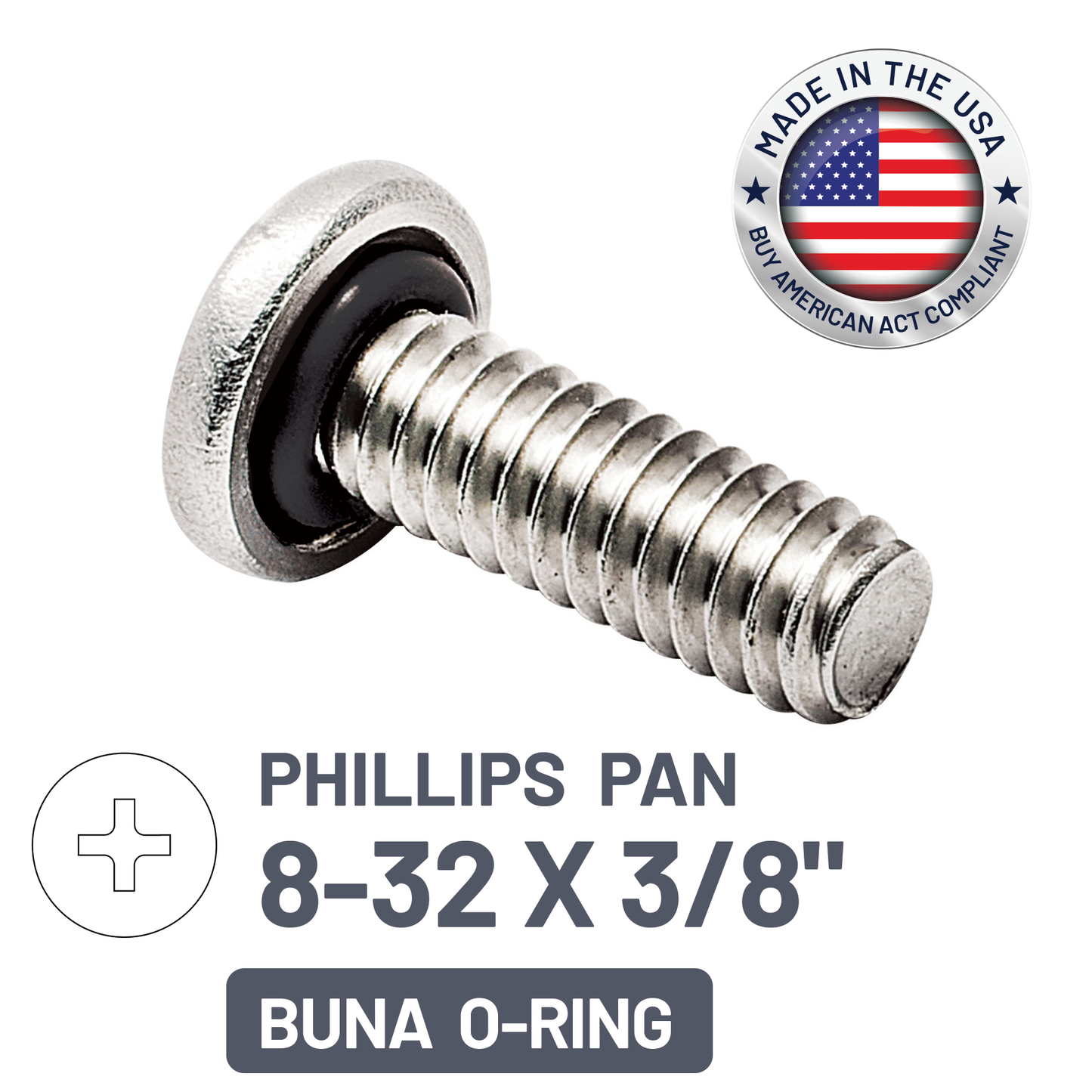 ZAGO Sealing Screw - Phillips Pan Head - 8-32 X 3/8" - SS with BUNA O-Ring (pack x 100)