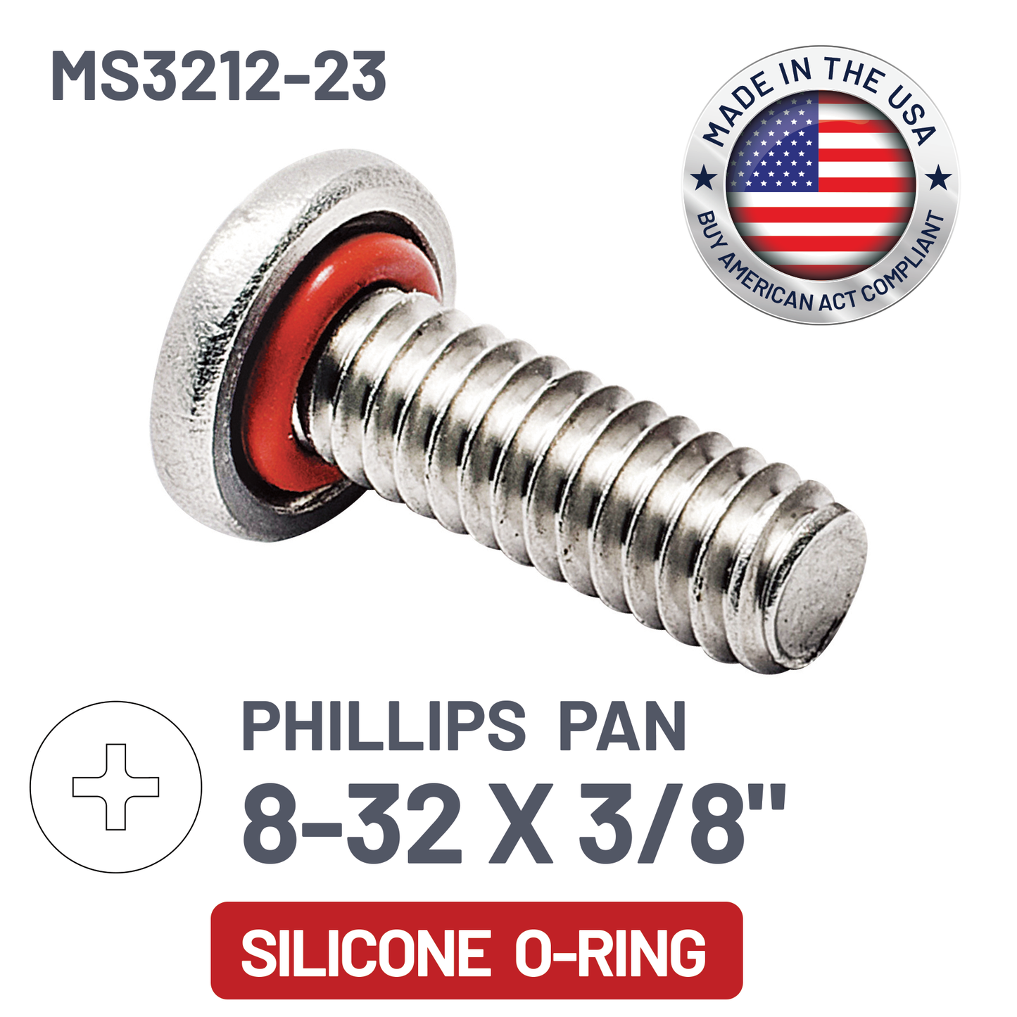 ZAGO Sealing Screw - Phillips Pan Head - 8-32 X 3/8" - SS with Silicone O-Ring (pack x 100)