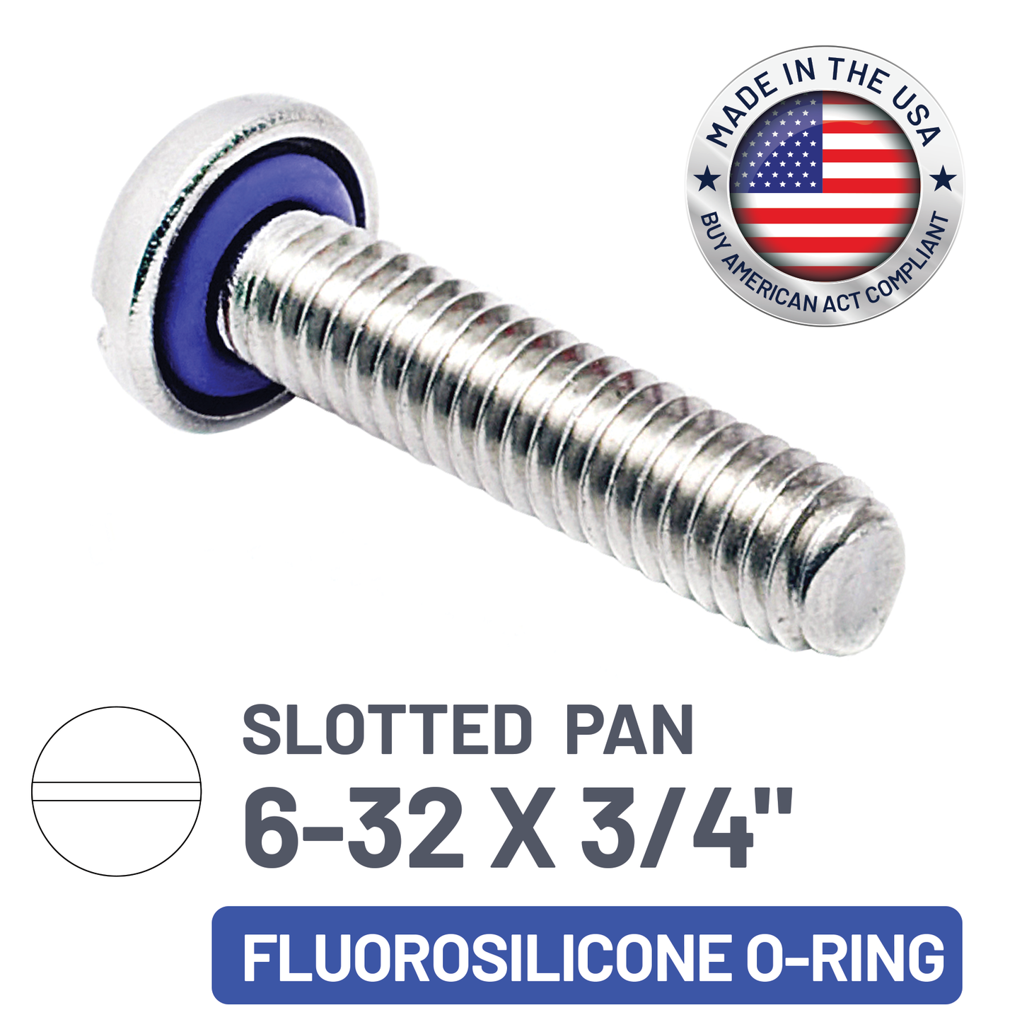 ZAGO Sealing Screw - Slotted Pan Head - 6-32 X 3/4" - SS with Fluorosilicone O-Ring (pack x 100)