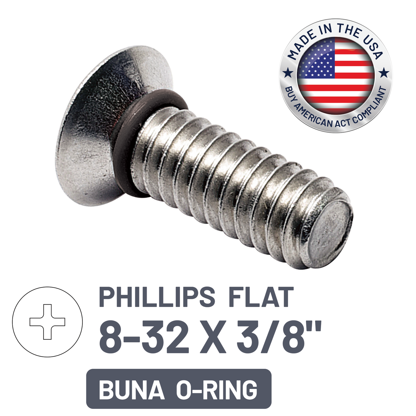 ZAGO Sealing Screw - Phillips Flat Head 100° - 8-32 X 3/8" - SS with BUNA O-Ring (pack x 100)